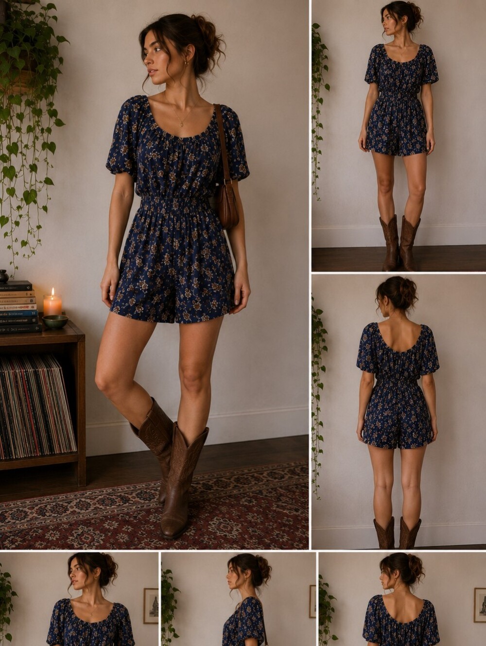 Blue Floral Boho Size Large Rayon Romper